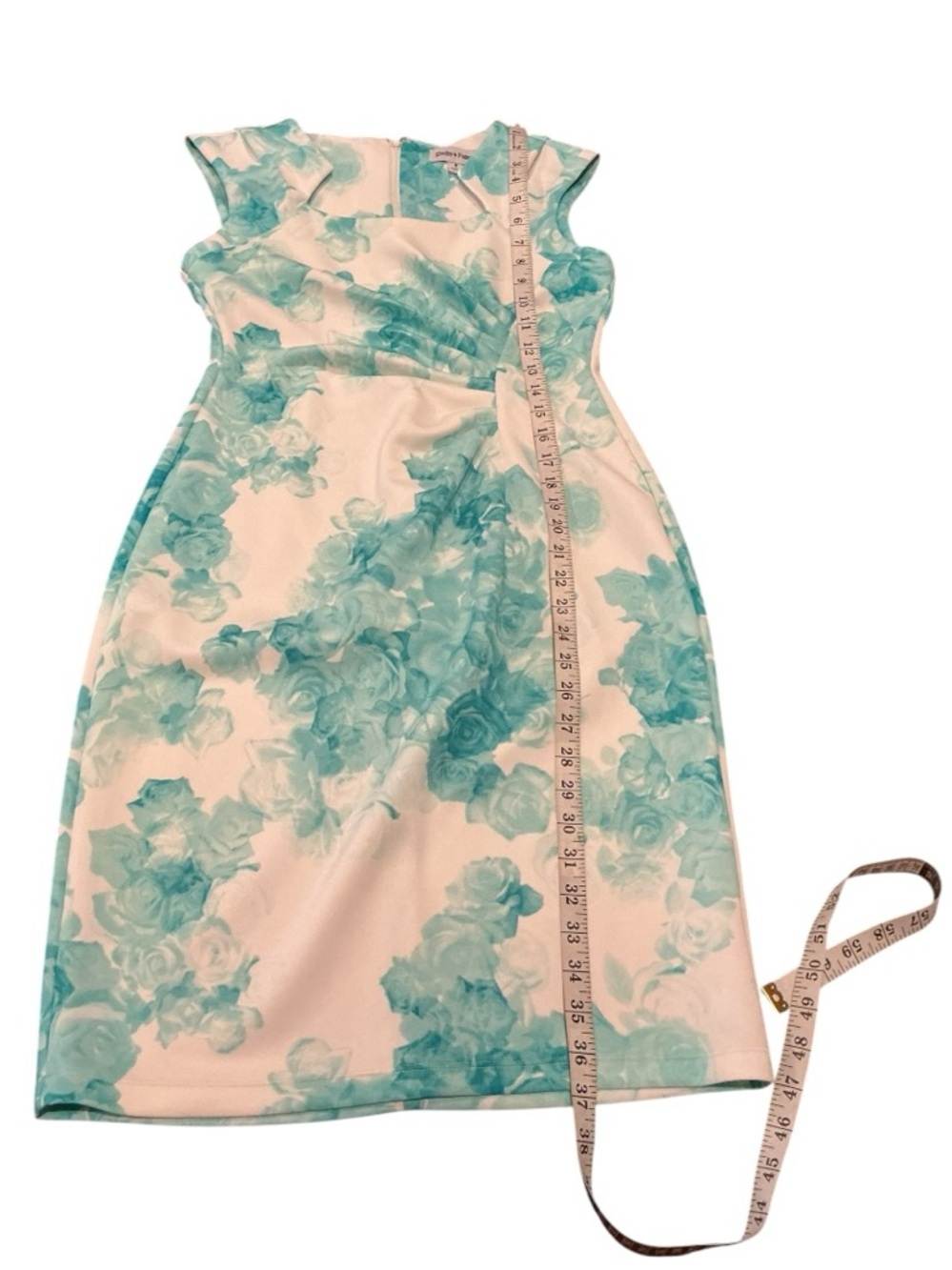 Shelby & Palmer Floral Sheath Dress Size 6 Blue White Ruched Elegant Midi - Picture 4 of 8